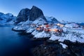 FishermenÃ¢â¬â¢s cabins rorbu in the Hamnoy village at twilight in winter season, Lofoten islands, Norway